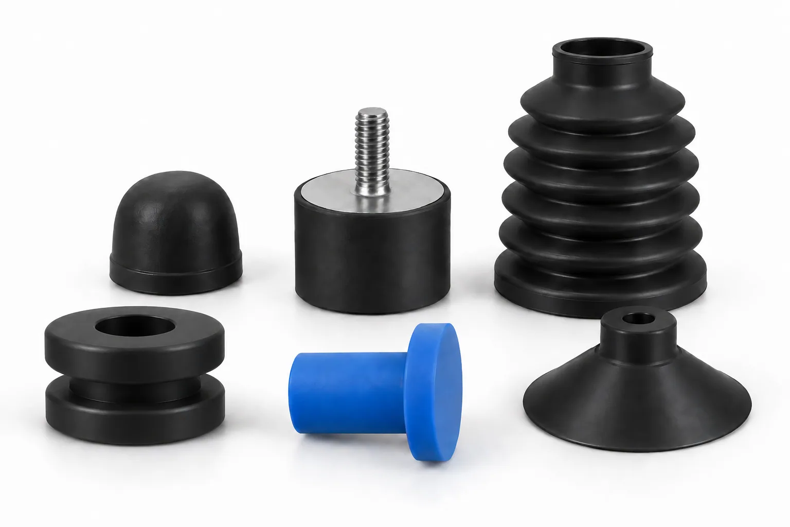 Black rubber components with an upright vibration mount showing a top threaded stud and a blue T-shaped silicone stopper with a broad cylindrical stem