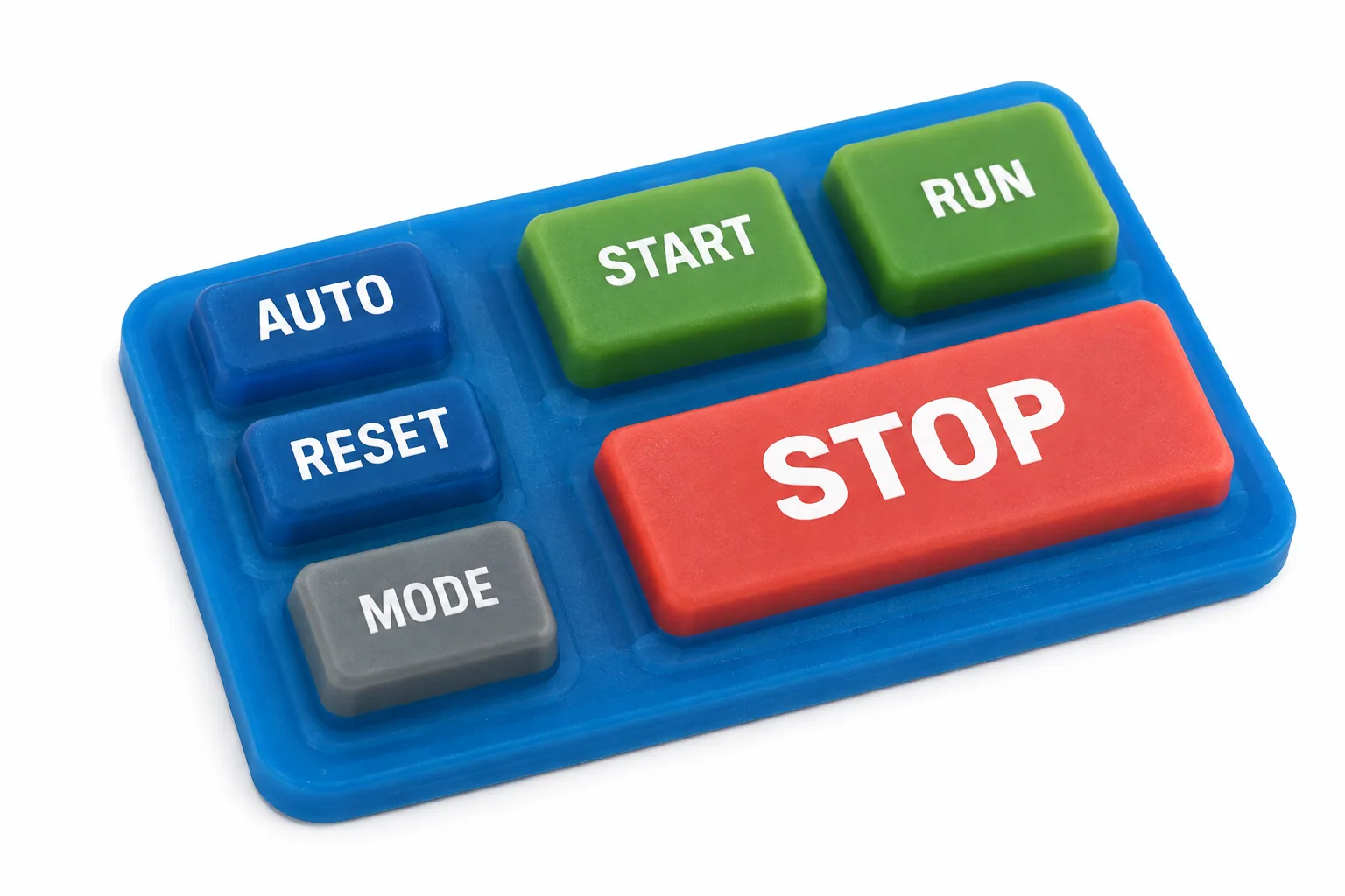 Custom silicone keypad with a flexible blue base and raised colored industrial control buttons