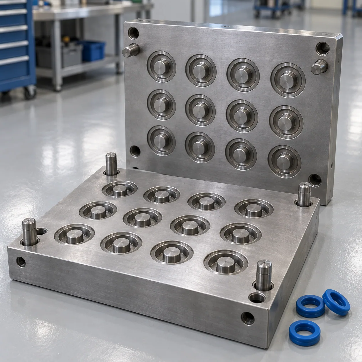 AI-generated illustration of an open multi-cavity silicone and rubber mold with twelve cavities in a three-by-four arrangement and sample seals
