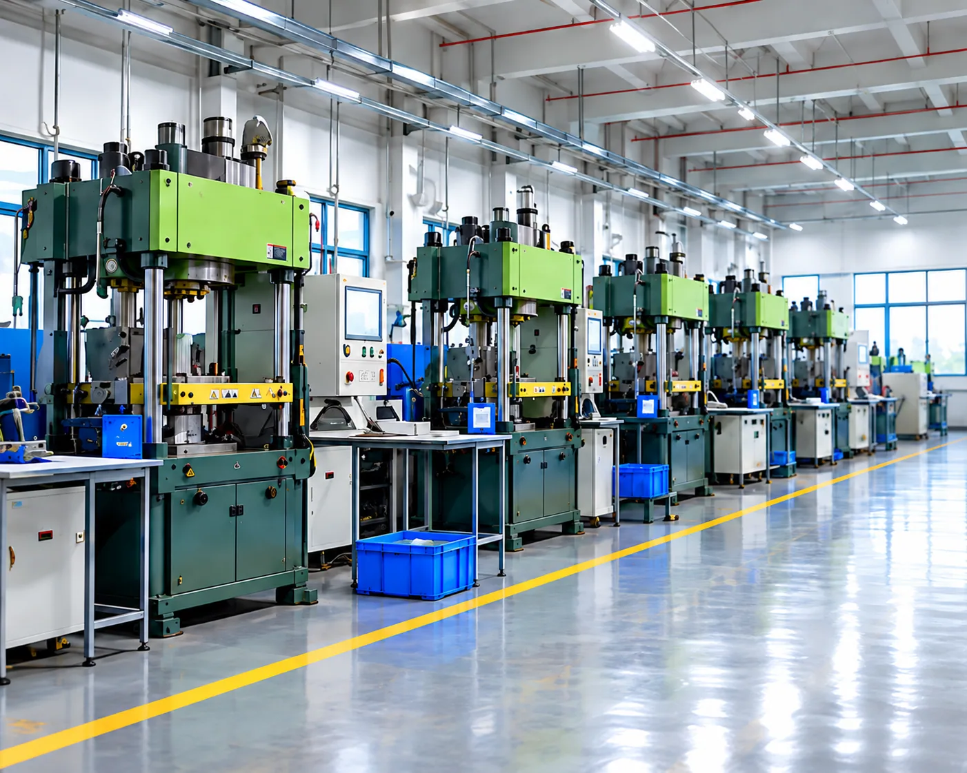 Vulcanization workshop illustration with green molding presses and blue collection bins