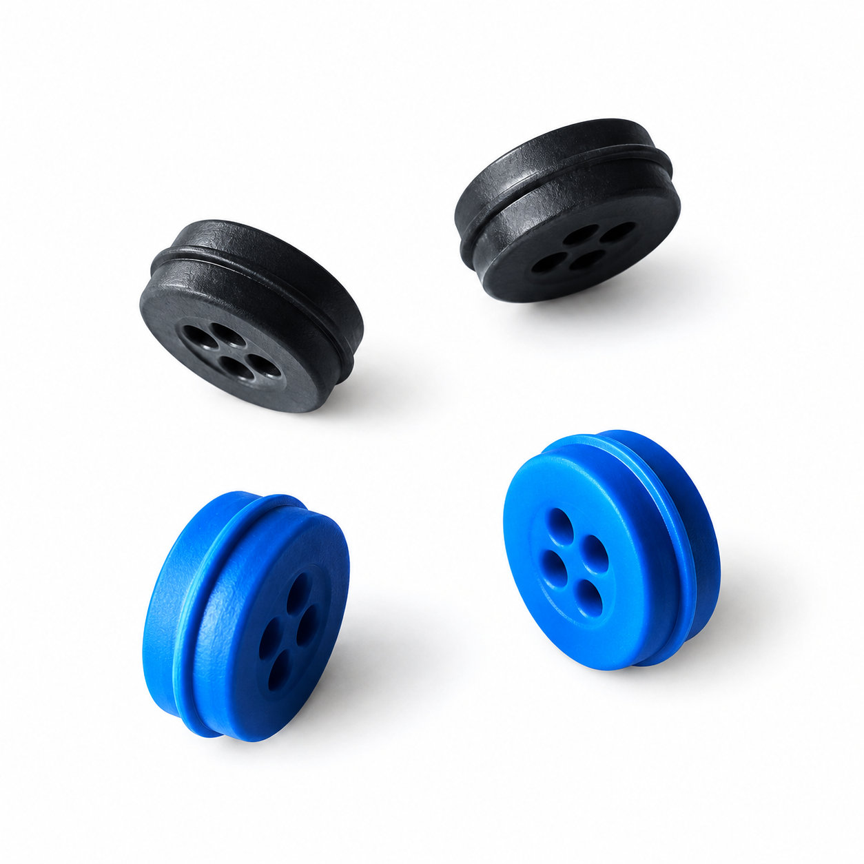 Custom molded durable silicone rubber grommet with four holes