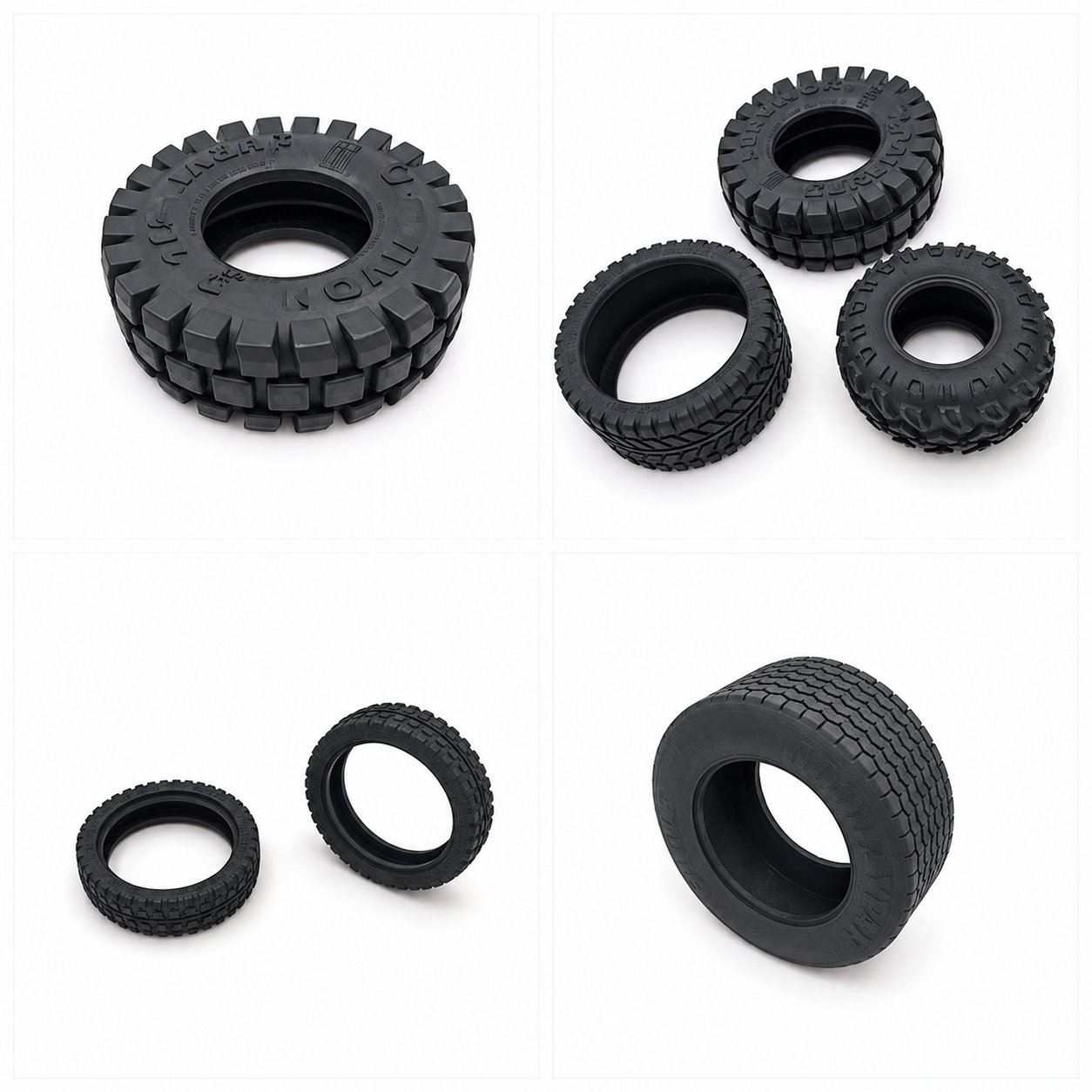 Custom molded various solid rubber tires for toys